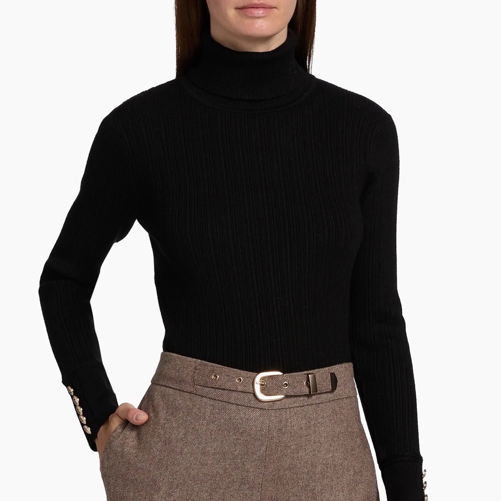 Black Turtleneck Sweater with Button Cuff Details